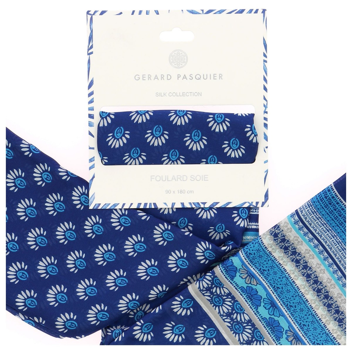 Foulard femme G. PASQUIER bleu, motif éventail  - Matière noble 12,90€