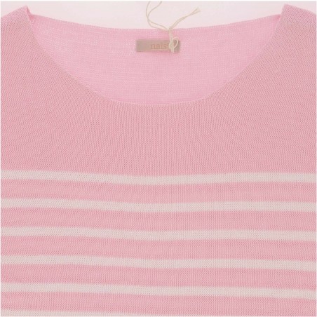 Pull Marinière femme en maille de coton rose / blanc - Matiere-Noble