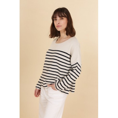 Pull Marinière femme en maille de coton rose / blanc - Matiere-Noble