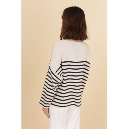 Pull Marinière femme en maille de coton rose / blanc - Matiere-Noble