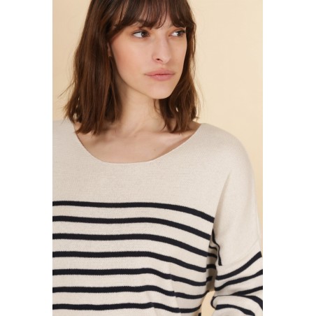 Pull Marinière femme en maille de coton écru / marine - Matiere-Noble