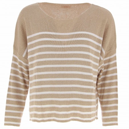 Pull Marinière oversize  femme en maille de coton beige / blanc - Matiere-Noble