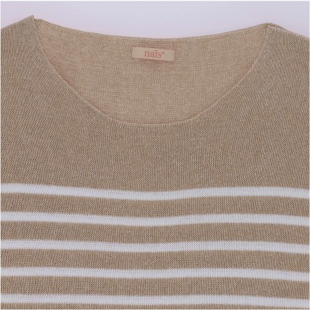 Pull Marinière oversize  femme en maille de coton beige / blanc - Matiere-Noble