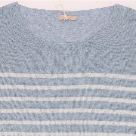 Pull Marinière 100% coton bleu ciel et rayures blanches - Matiere-Noble
