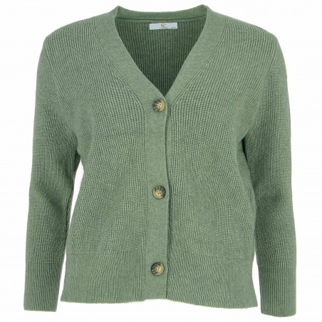 Cardigan femme Côme, coloris kaki. Col V, boutonné Matière noble