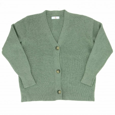 Cardigan femme Côme, coloris kaki. Col V, boutonné Matière noble