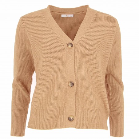 Cardigan femme, modèle Bergame, Camel. Col V, boutonné Matière noble