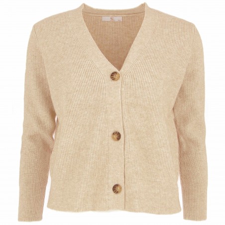 Cardigan femme, modèle Vérone, Beige. Col V, boutonné Matière noble