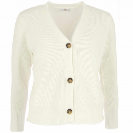 Cardigan femme, modèle Napoli, écru. Col V, boutonné Matière noble
