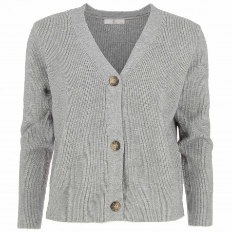 Cardigan femme, modèle Milan, gris. Col V, boutonné Matière noble