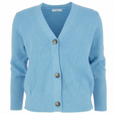 Cardigan femme, modèle Venise, bleu. Col V, boutonné Matière noble