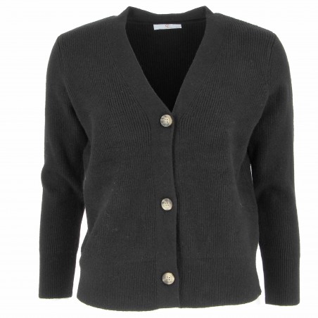 Cardigan femme, modèle Florence, noir. Col V, boutonné Matière noble