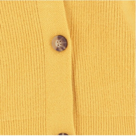 Cardigan femme, modèle Bari, jaune. Col V, boutonné Matière noble