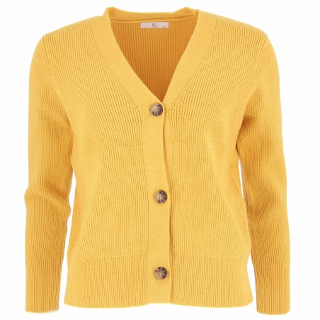 Cardigan femme, modèle Bari, jaune. Col V, boutonné Matière noble