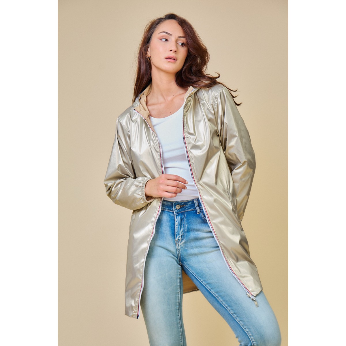 Parka imperméable réversible femme beige /or - Matière noble