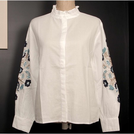 Chemise blanche manches ballon brodées bleu/or - Matière noble
