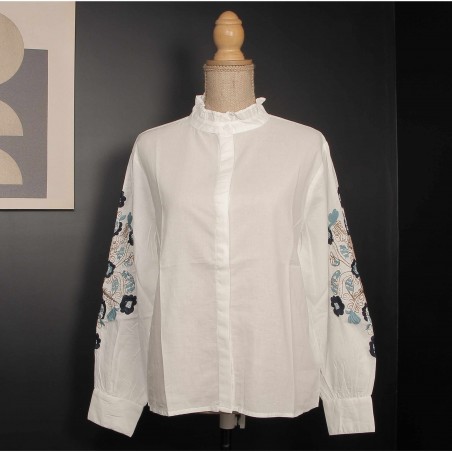 Chemise blanche manches ballon brodées bleu/or - Matière noble