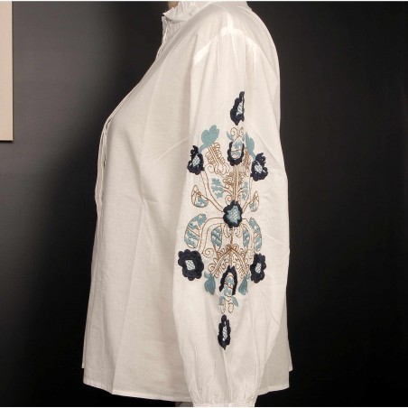 Chemise blanche manches ballon brodées bleu/or - Matière noble