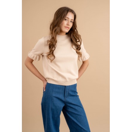 Pull femme manche courtes écru  - Matière noble