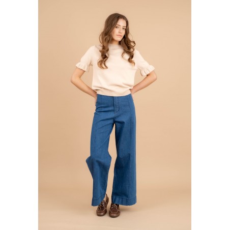 Pull femme manche courtes écru  - Matière noble