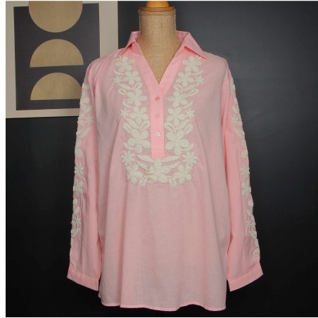 Tunique femme rose brodée, coloris écru - Matière noble
