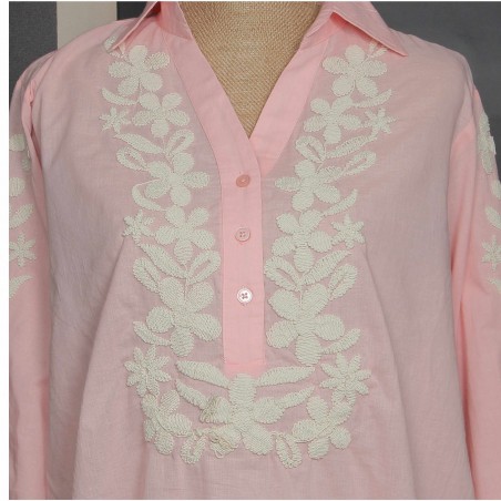 Tunique femme rose brodée, coloris écru - Matière noble