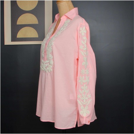 Tunique femme rose brodée, coloris écru - Matière noble