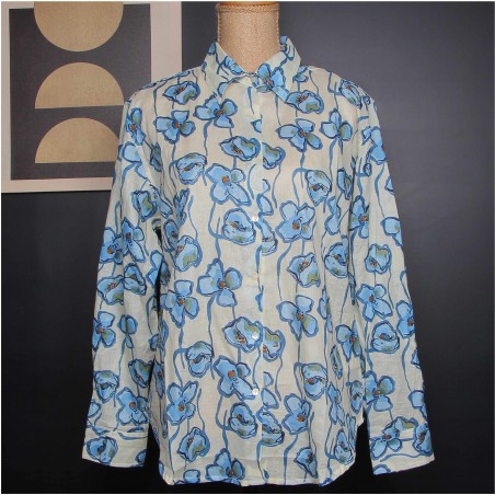 Chemise femme écrue à fleurs bleues - Matière noble