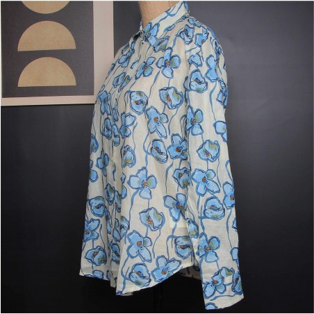 Chemise femme écrue à fleurs bleues - Matière noble