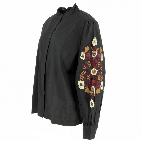 Chemise femme noire, manches brodées - Matière noble