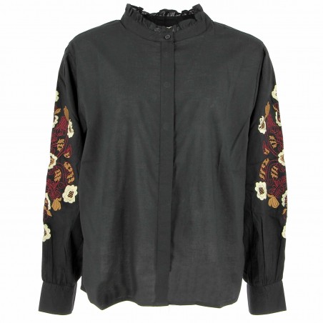 Chemise femme noire, manches brodées - Matière noble