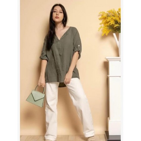 Tunique femme kaki, 100% Lin naturel, Vegan - Matière noble