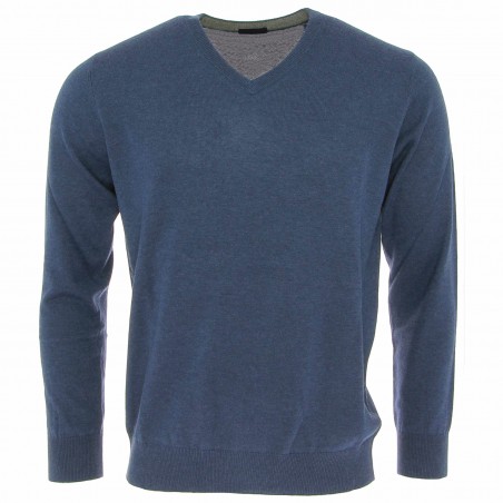 Pull col V homme cashmere et laine bleu jean- Matière noble