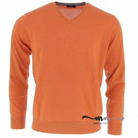 Pull col V homme cashmere et laine safran - Matière noble