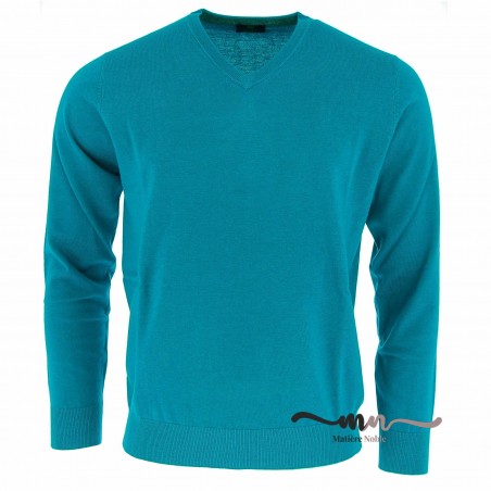 Pull col V homme cashmere et laine bleu canard - Matière noble