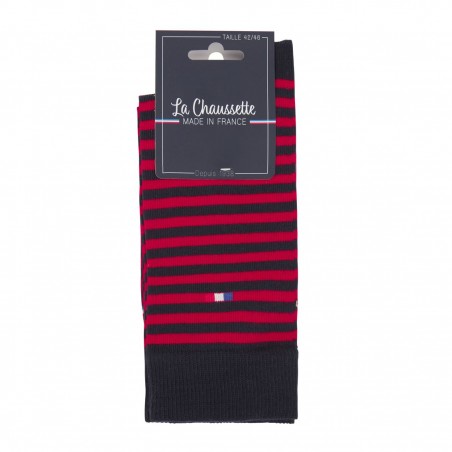 Chaussettes de fabrication française rayéees marine/rouge  - Matière noble