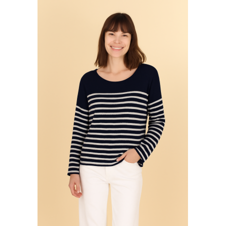 Pull Marinière femme en maille de coton blanc / marine - Matiere-Noble