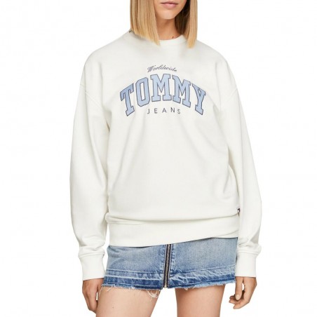 Sweat femme TOMMY JEANS Varsity Luxe écru /bleu - Matière noble