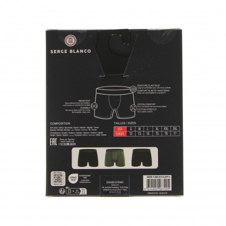 Pack 3 boxers Serge Blanco noir/kaki, Certifié OEKO-TEX - Matière noble