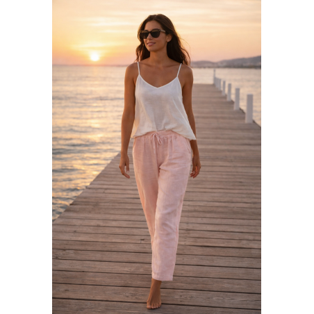 Pantalon 100% lin Végan femme rose - Matière noble