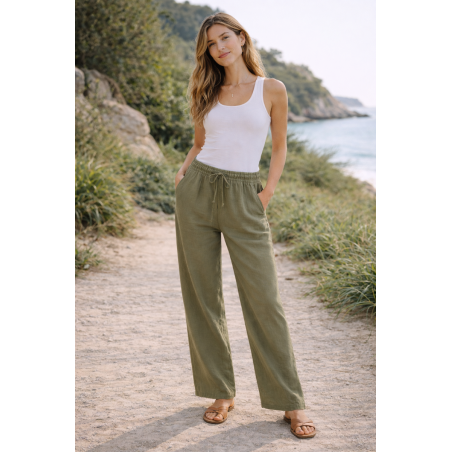 Pantalon large 100% lin Végan femme kaki - Matière noble