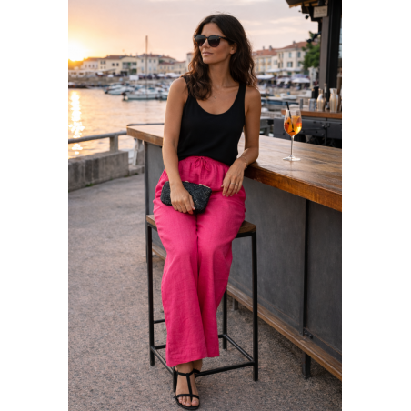 Pantalon large 100% lin Végan femme fuchsia - Matière noble