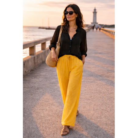 Pantalon large 100% lin Végan femme jaune - Matière noble