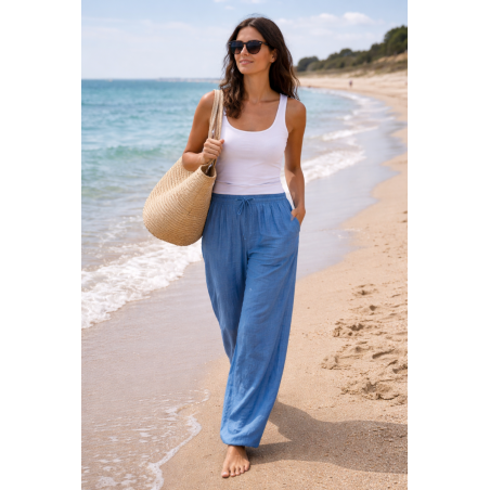 Pantalon large 100% lin Végan femme bleu - Matière noble