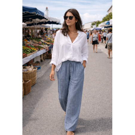 Pantalon large 100% lin Végan femme bleu jean  - Matière noble