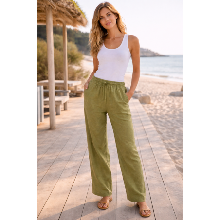 Pantalon large 100% lin Végan femme olive - Matière noble