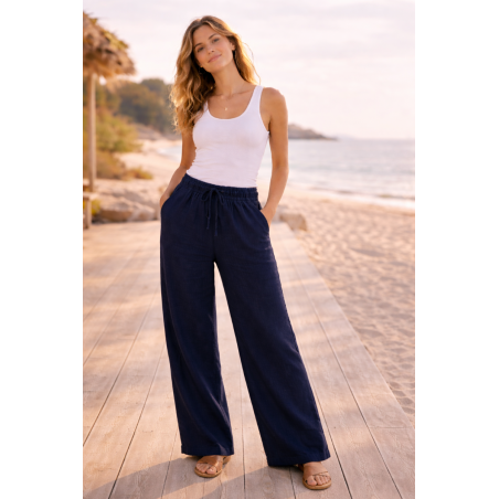 Pantalon large 100% lin Végan femme bleu nuit - Matière noble