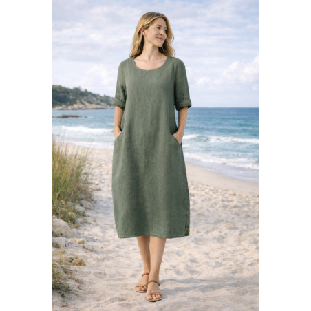 Robe 100% lin Vegan  kaki - Matière noble