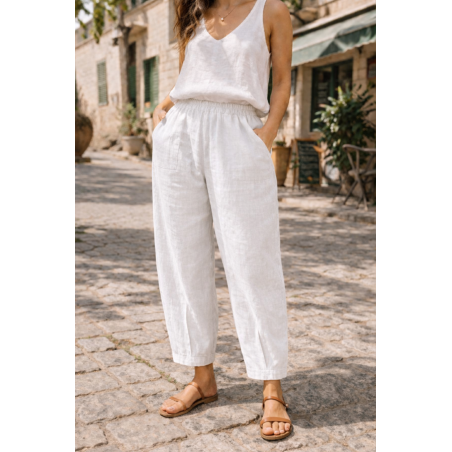 Pantalon court large 100% lin Végan femme, divers coloris - Matière noble
