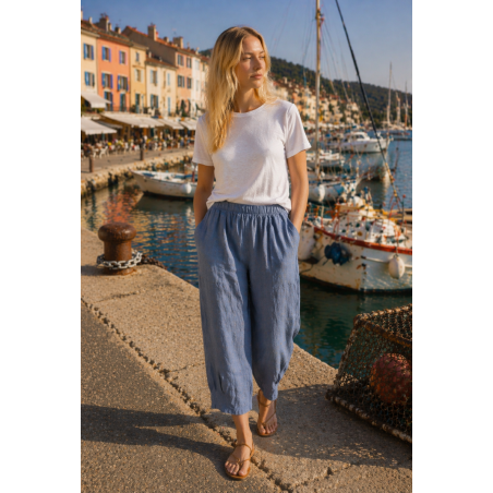 Pantalon court large 100% lin Végan femme, divers coloris - Matière noble